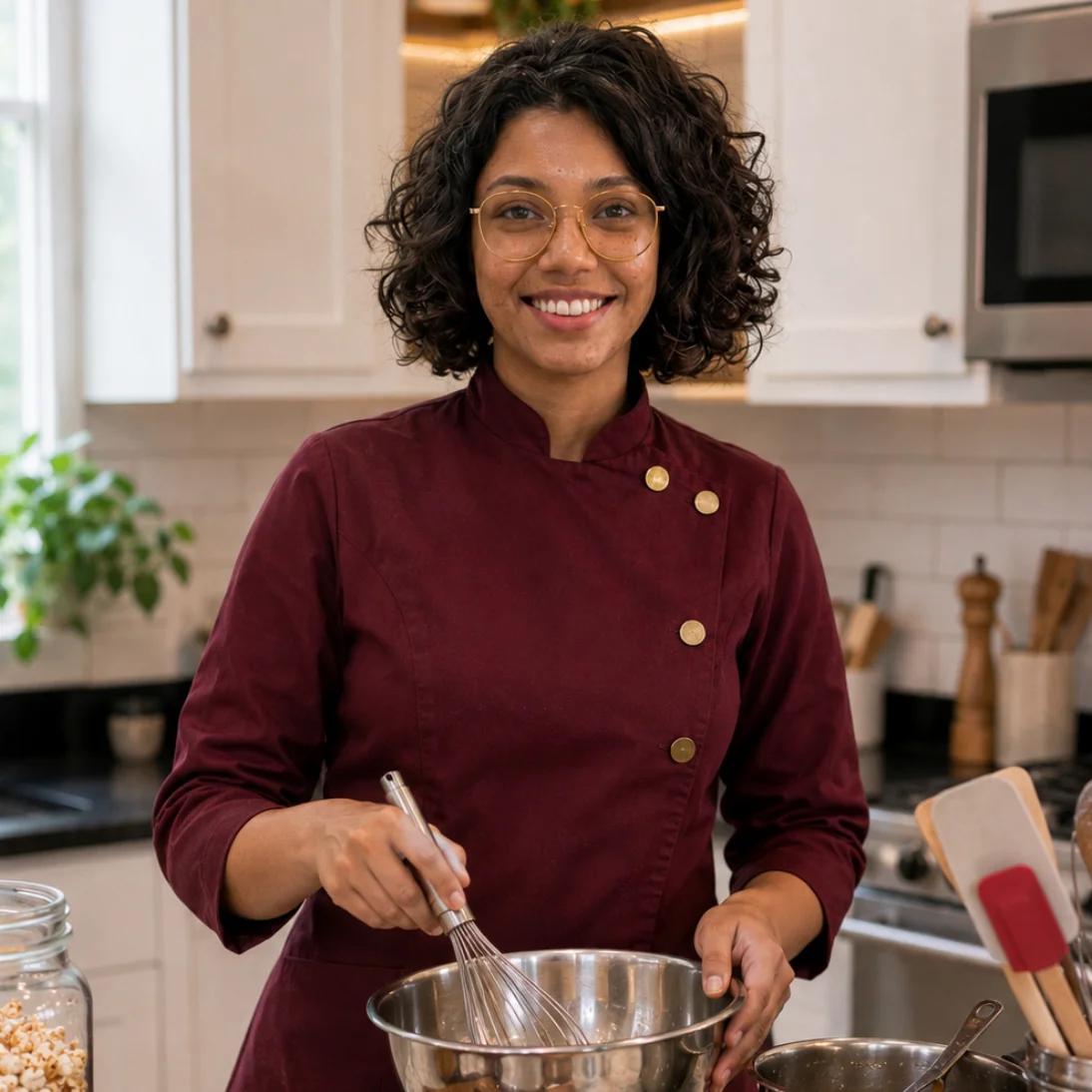 Carmela Vega, criadora do Guia da Pipoca Lucrativa, na cozinha com uma tigela e um fouet